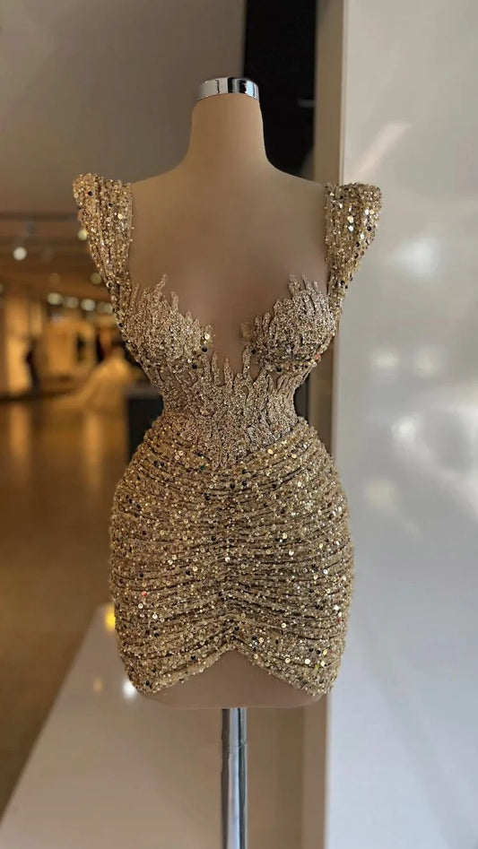 Gold Shiny Sequins Luxury Short Christmas Holiday Party Dress New Arrival Homecoming Dress nv3072