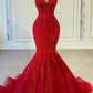 Red lace beaded sleeveless mermaid slim fit long ball gown evening dress nv2839