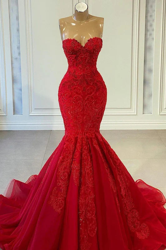 Red lace beaded sleeveless mermaid slim fit long ball gown evening dress nv2839