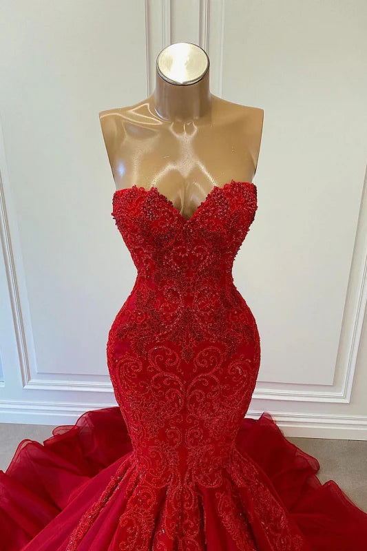 Red lace beaded sleeveless mermaid slim fit long ball gown evening dress nv2839