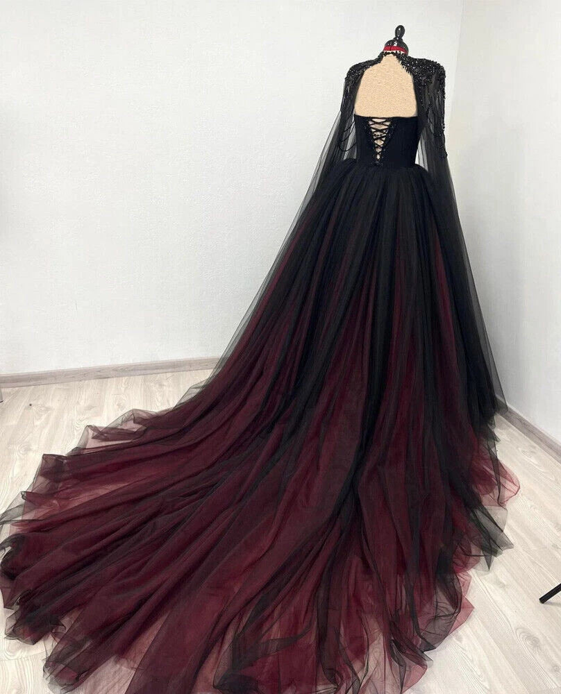 Ärmelloses, schwarz-rotes Tüllkleid mit Farbverlauf | Luxuriöses, glamouröses Cape-Kleid mit Perlenbesatz und ohne Schleppe für Galabälle NV6298