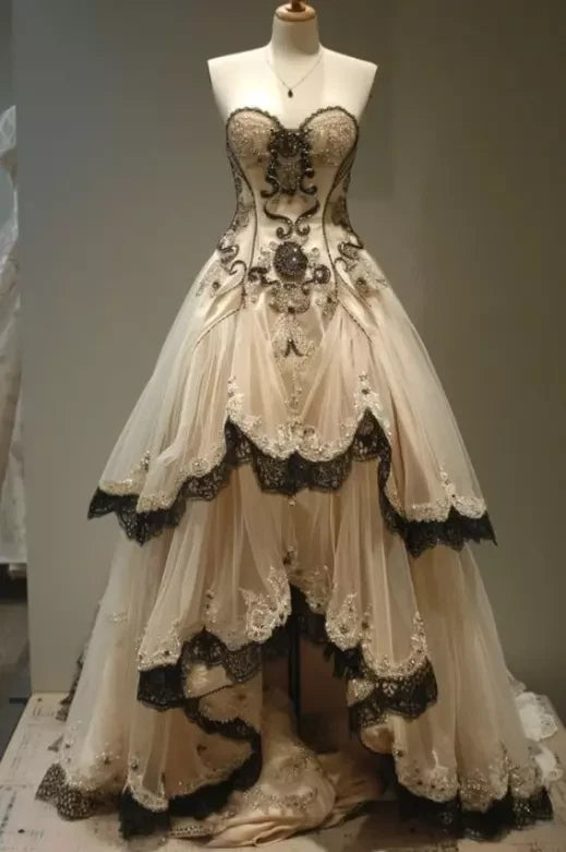 Dunkel-gothisches, beige-schwarzes, trägerloses Ballkleid aus kontrastierender Spitze – Retro-Thema, Dinner- und Cosplay-Kleid NV6393