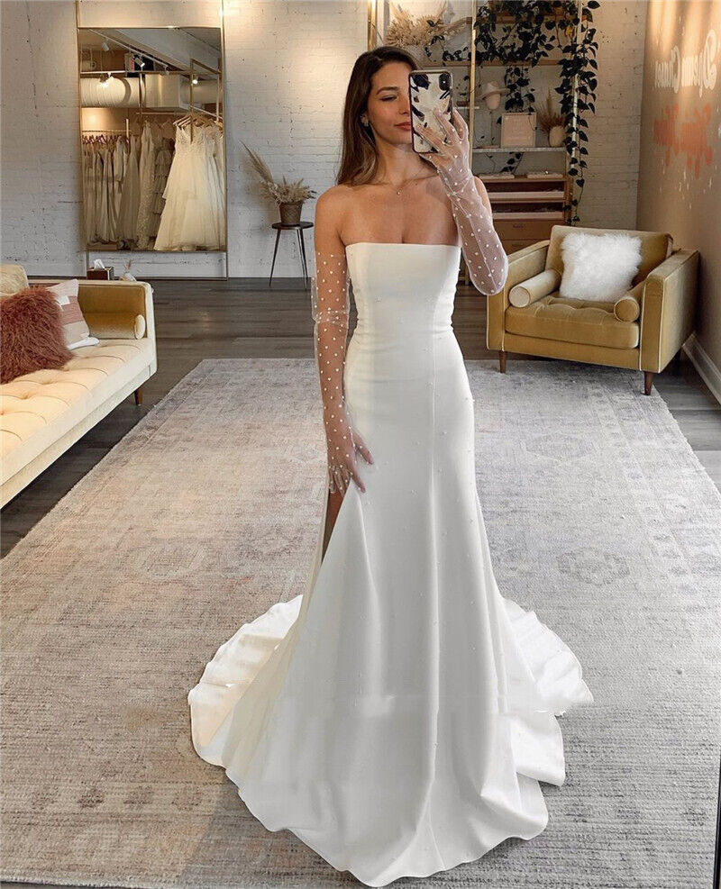 White wedding dress, off-shoulder wedding dress, simple style bridal dress with train nv1748