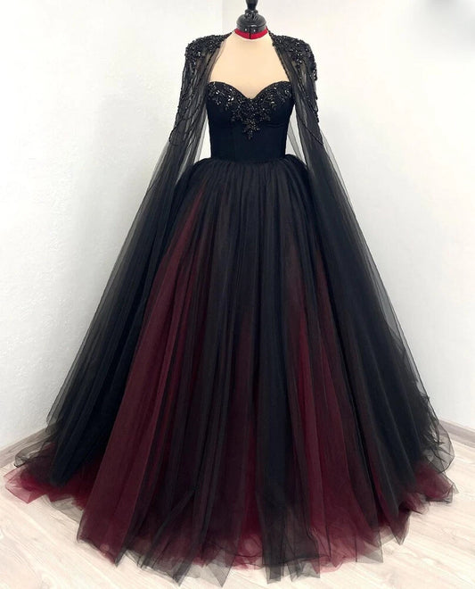 Ärmelloses, schwarz-rotes Tüllkleid mit Farbverlauf | Luxuriöses, glamouröses Cape-Kleid mit Perlenbesatz und ohne Schleppe für Galabälle NV6298