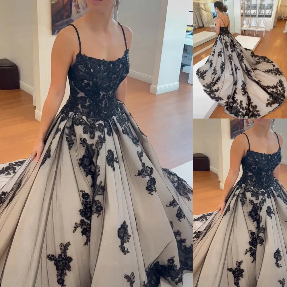 Dunkelgrau-schwarzes Spitzenkleid mit Farbverlauf | Glitzerndes Tüll-Abendkleid mit Schleppe, trägerlos/mit Spaghettiträgern, atemberaubendes Abendkleid NV6323