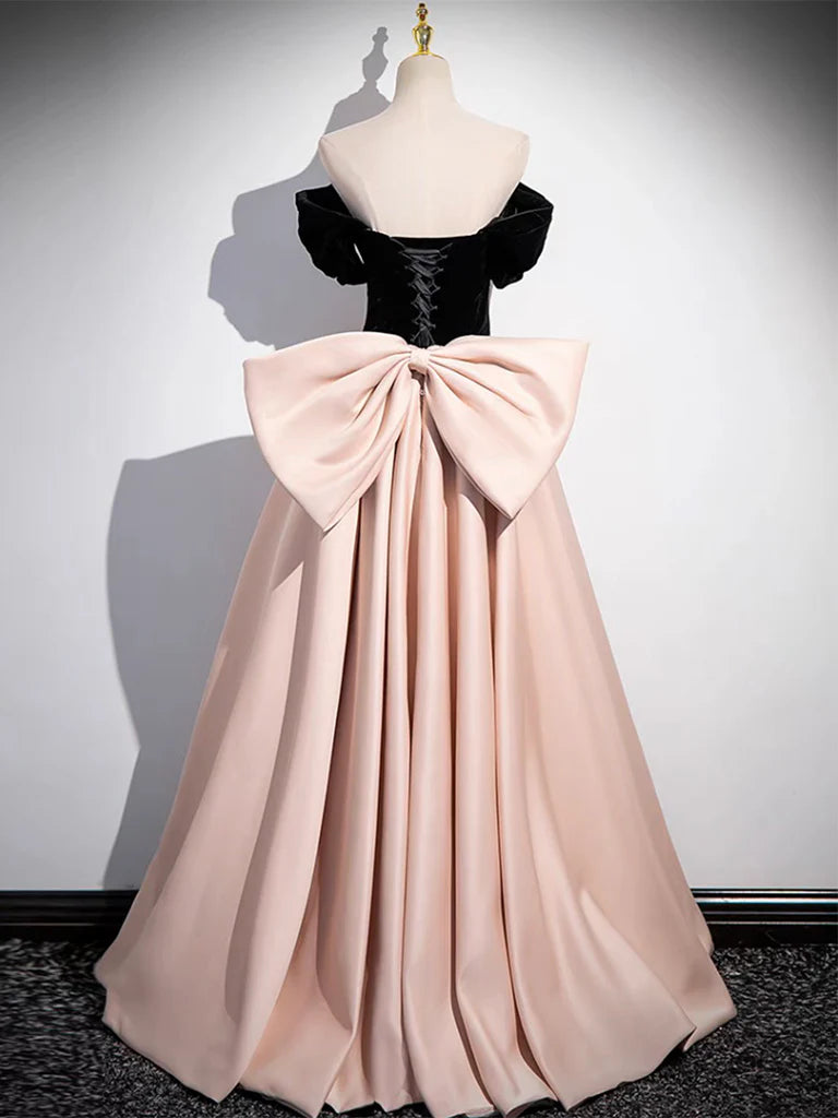 A-Line Sweetheart Neck Off Shoulder Satin Velvet Champagne Long Prom Dresses nv1682