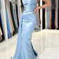 Sky Blue Strapless Pleat Prom Dress Mermaid With Slit Ruffles nv1631