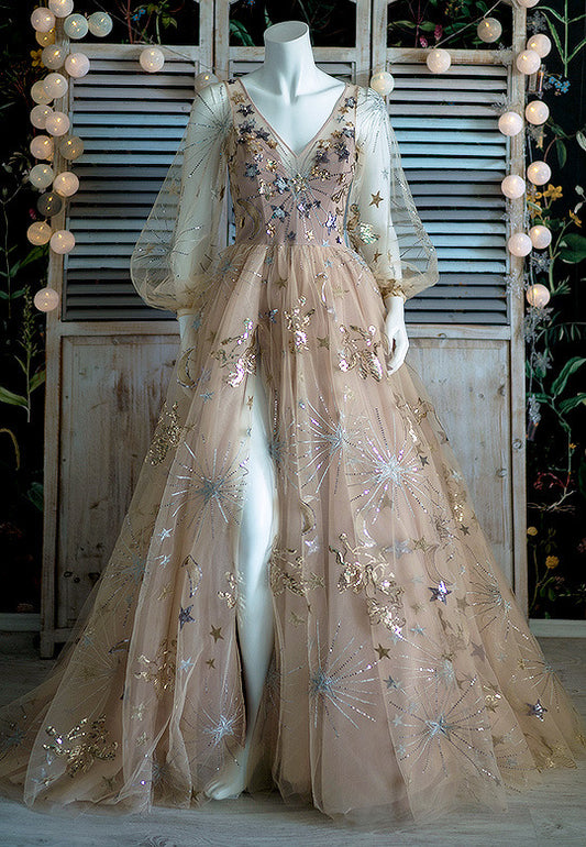 Light-Colored, Exquisite, Elegant, And Fashionable Long Tulle Ball Gown With Star-Patterned Long Sleeves  NV6875