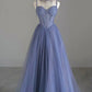 Blue spaghetti strap tulle beaded long ball gown, beautiful A-line evening dress  nv1706