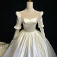 Vintage Ivory Cream Satin Sweetheart Neck Long Sleeve Long Wedding Ball Gown Evening Princess Dress nv2842