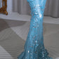 Blue Shiny Sequined V-Neck Long Chiffon Prom Dress Evening Dress Party Dress nv5127