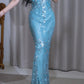 Blue Shiny Sequined V-Neck Long Chiffon Prom Dress Evening Dress Party Dress nv5127