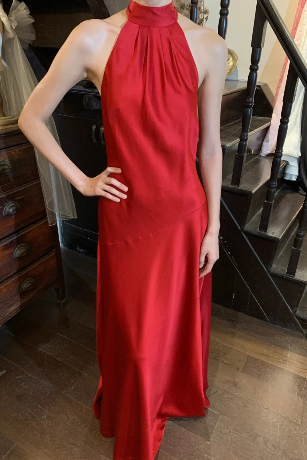 Elegant satin long formal dress with red suspender NV6603