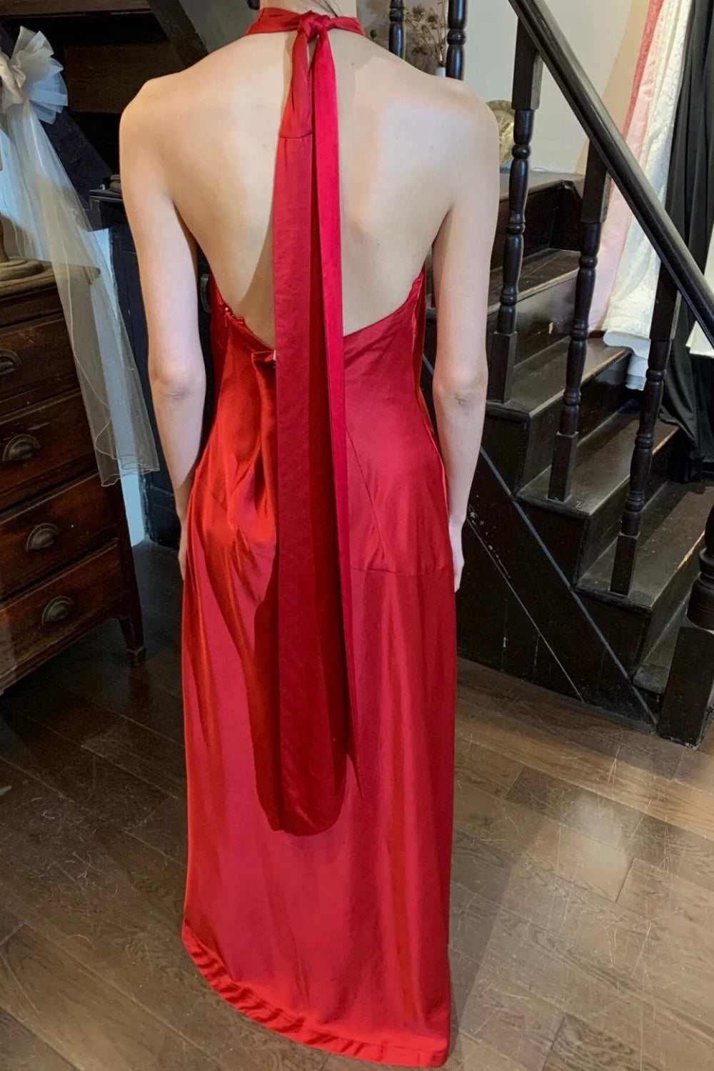 Elegant satin long formal dress with red suspender NV6603