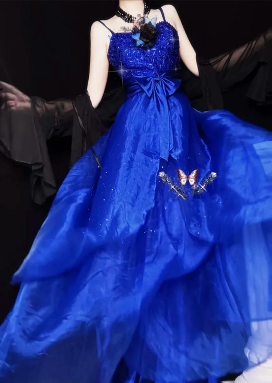 Blue gorgeous exquisite beaded long tulle ball gown evening dress party dress nv4376