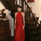 Elegant satin long formal dress with red suspender NV6603