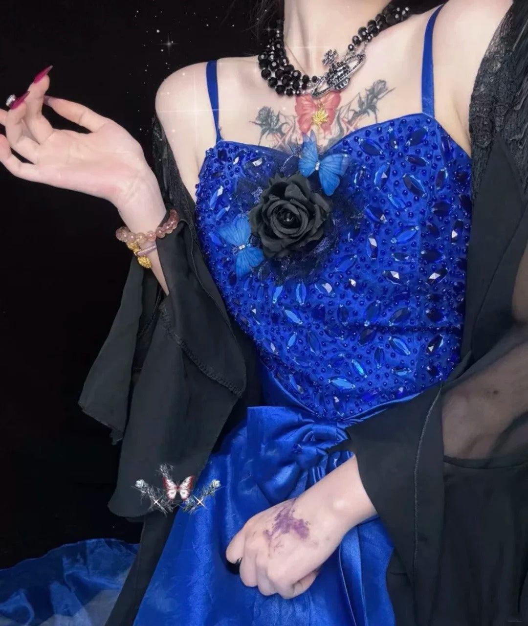 Blue gorgeous exquisite beaded long tulle ball gown evening dress party dress nv4376