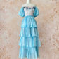 Blue Ice Rose Cake Dress Retro Sweet Cute Fashion Puff Sleeves Ruffle Princess Dress Long Cake Skirt Tulle Chiffon Ball Dress Evening Dress Birthday Adult Ceremony Party Dress nv4091