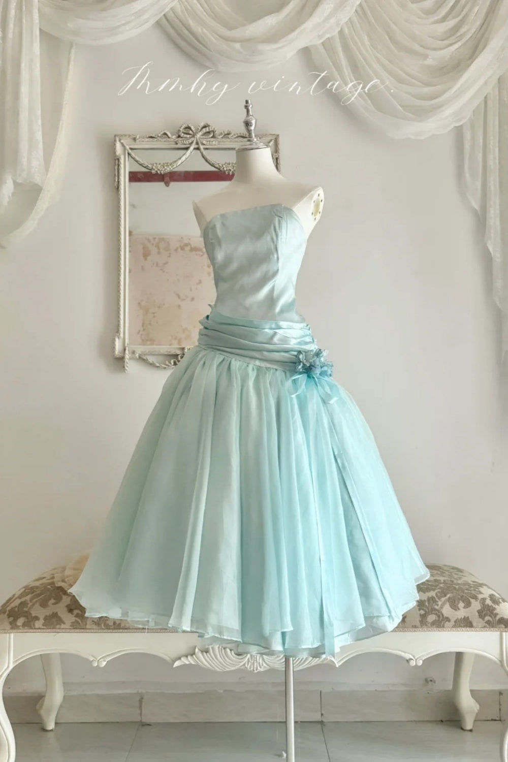 Mint Green Strapless Satin Tea-Length Party Dress  NV6544