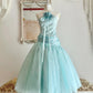Mint Green Halter Satin Tea-Length Party Dress with Floral Detail  NV6545