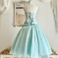 Mint Green Halter Satin Tea-Length Party Dress with Floral Detail  NV6545