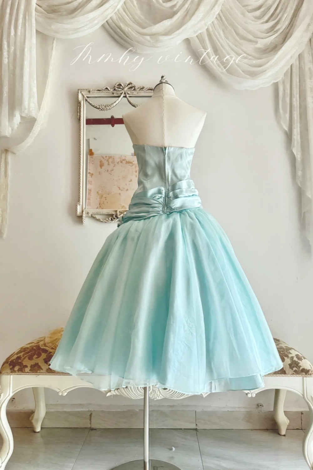 Mint Green Halter Satin Tea-Length Party Dress with Floral Detail  NV6545