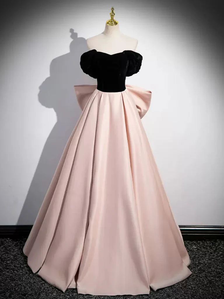 A-Line Sweetheart Neck Off Shoulder Satin Velvet Champagne Long Prom Dresses nv1682