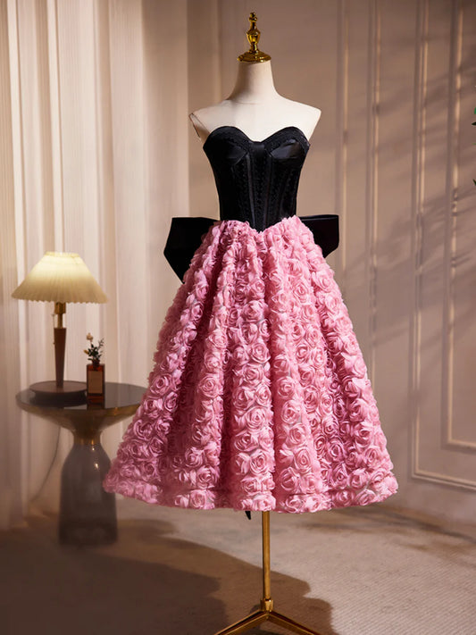 Black Satin and Pink Ruffle Flower Short Prom Dress, Lovely A-Line Strapless Bow Party Cocktail Dress nv1635