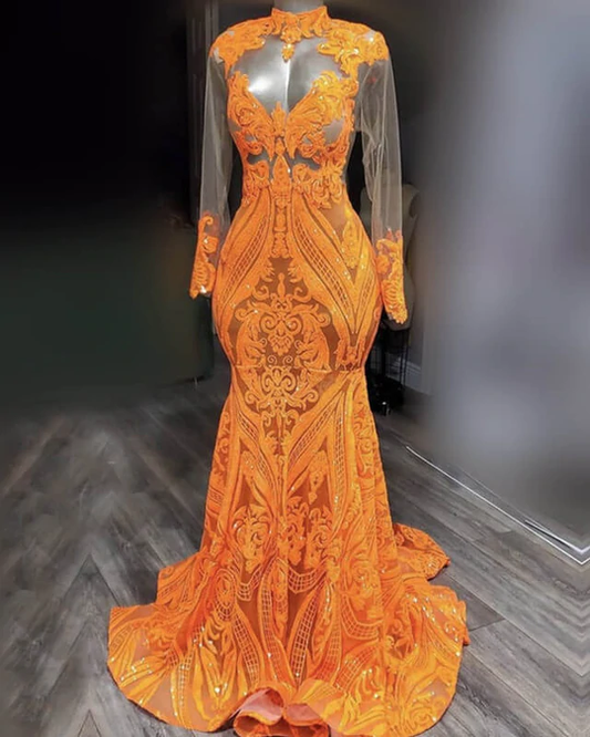 Mermaid Long Sleeve Orange Sequin Prom Dresses nv90