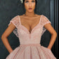 Ball Gown V-neck Floor Length Organza Beaded Crochet Flower Prom Dress nv33