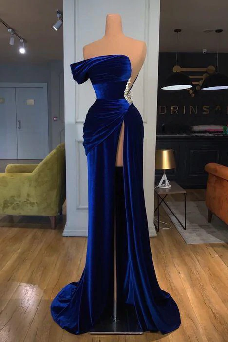2022 Blue One-shoulder Long Prom Evening Dress with Split  nv1