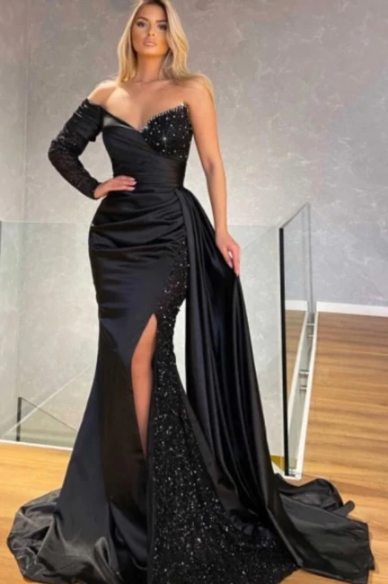 Black Sequins One Shoulder Sweetheart Long Sleeve Floor-length Split Front Mermaid Prom Dresses with Train nv49