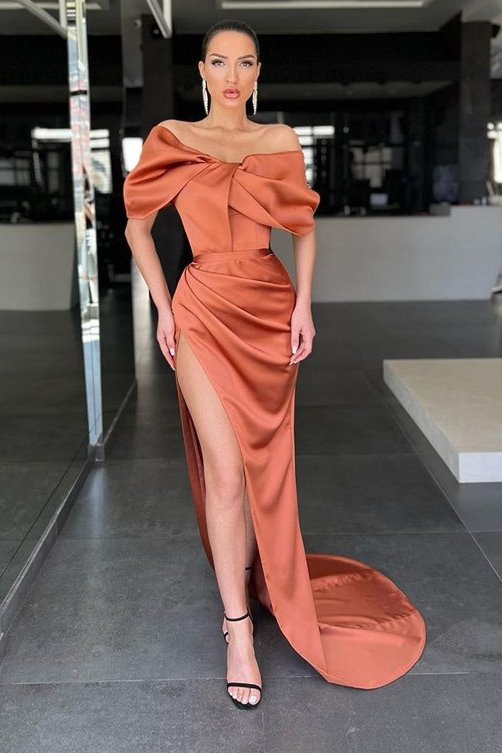 Amazing Burnt Orange Off-the-Shoulder Mermaid evening Dress Slit Long nv17