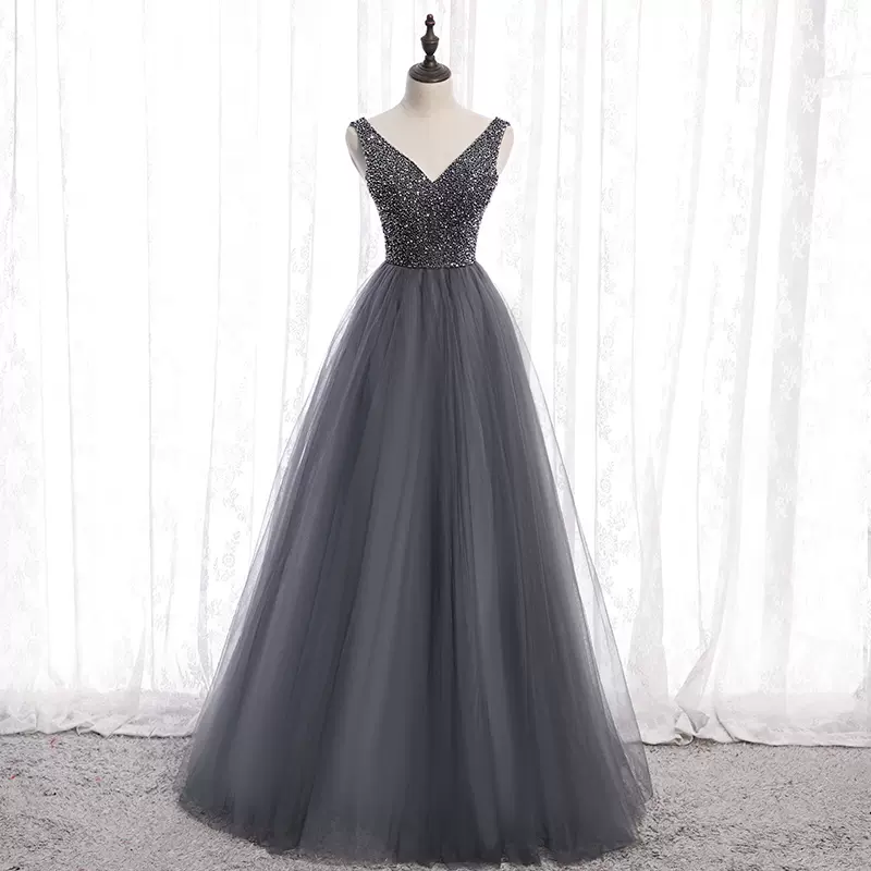 Gray tulle Long  prom dress evening dress nv70