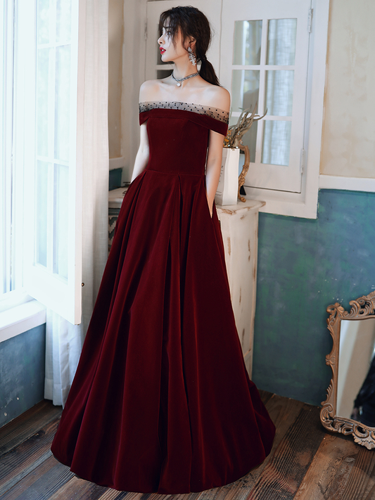 Elegant Wine Red Velvet Off Shoulder Long Prom Dress, Dark Red Long Evening Party Dress nv584