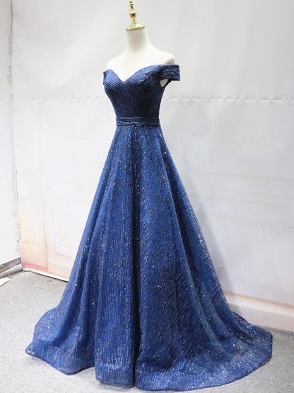 Shiny Off the Shoulder Navy Blue Long Prom Dresses, Off Shoulder Blue Formal Evening Dresses nv608