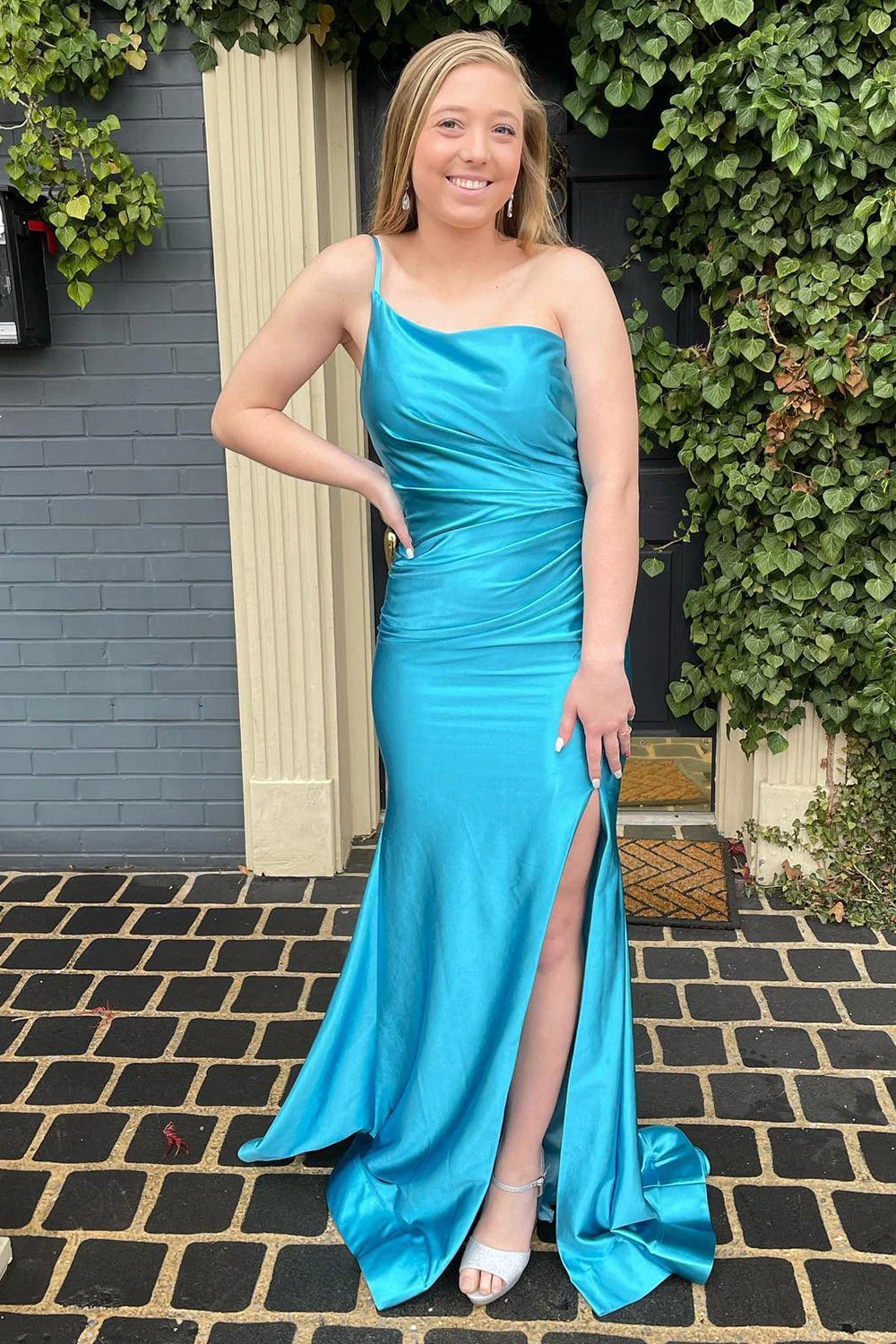 Sheath One Shoulder Sky Blue Long Prom Dress with Split Front nv673