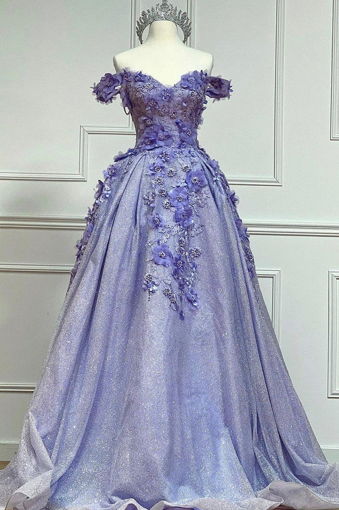 Purple Tulle Lace Floor Length Prom Dress, Off the Shoulder Evening Dress nv614