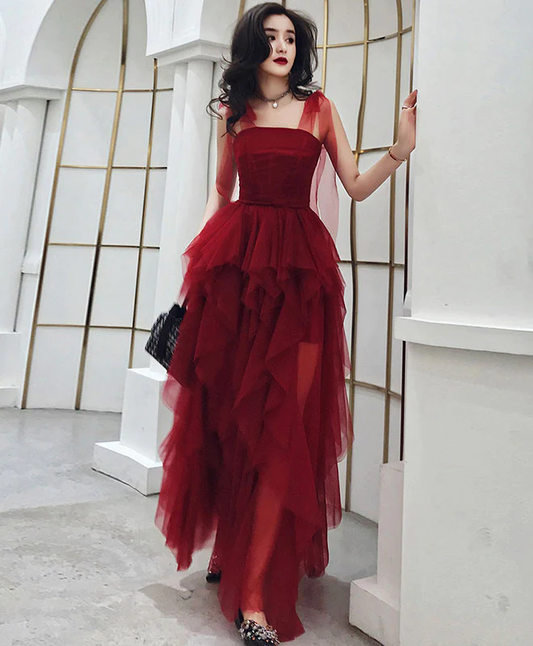 Burgundy Sweetheart Tulle Long Prom Dress, Burgundy Evening Dress nv582