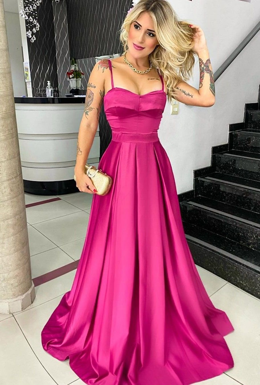 Rosy pink spaghetti straps a line satin long prom dresses nv622
