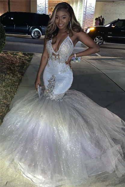 Silver Sparkling Sequins Prom Dresses Mermaid | Beads Appliques Spaghetti Straps Sexy Prom Gowns nv841