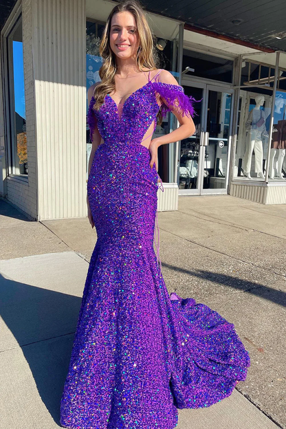 Mermaid Off the Shoulder Purple Sequins Cut Out Prom Dress with Feathers nv677