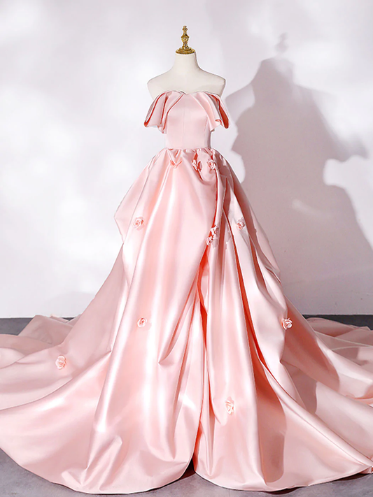 Pink Sweep Train Satin Long Prom Dress, Pink Formal Evening Dresses nv601