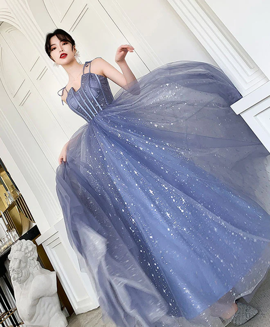 Blue Tulle Long Prom Dress, Blue Tulle Formal Dress nv598