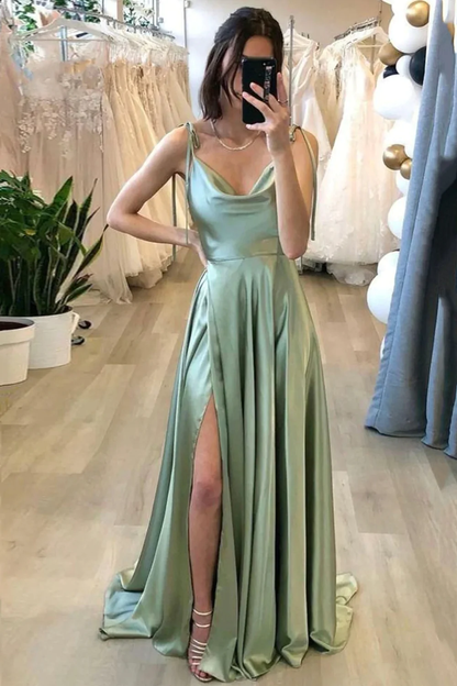 A Line Spaghetti Straps Light Green Long Prom Dress with Silt nv695