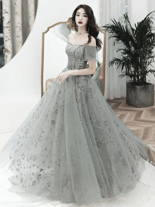 Grey Off Shoulder A-Line Tulle With Lace Long Party Dress, Grey Evening Dresses Prom Dress nv593