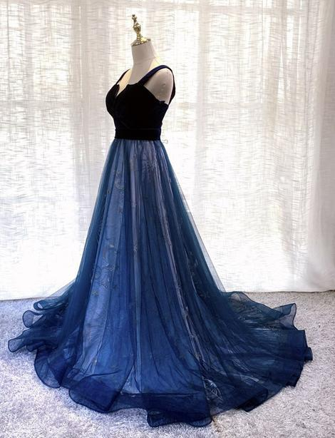 Blue velvet tulle long prom gown formal dress nv607