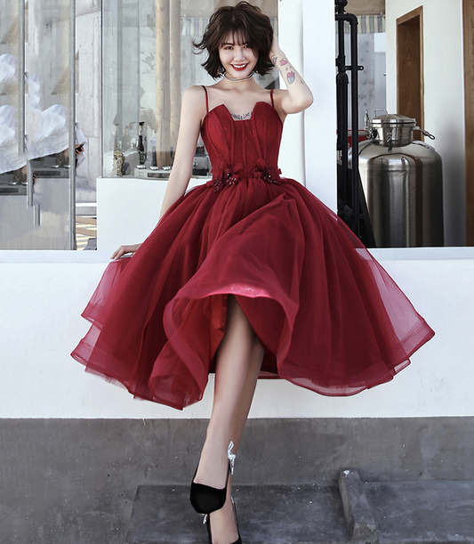 Burgundy tulle short prom dress evening dress nv581