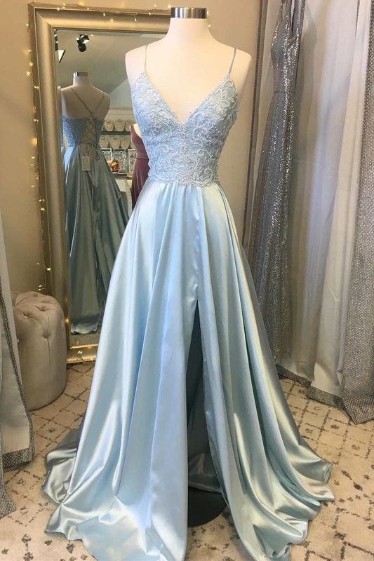 Light Blue Lace Lace-Up Back A-Line Prom Dress with Slit nv830