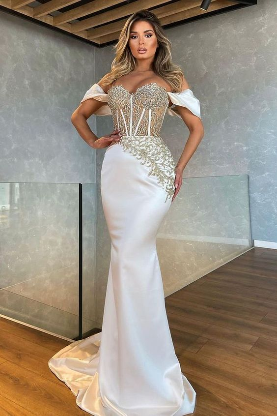 White Off-the-Shoulder Mermaid Evening Dress Long With Beads Yellow nv851